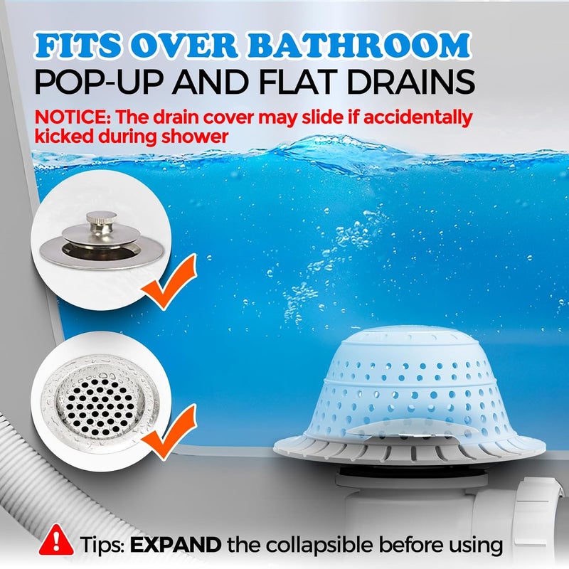 zaa Shower Drain Hair Catcher, 2 Pack Silicone Collapsible Bathtub Drain Cover Dog Hair Catcher & Protector for Pop-Up & Regular Drains of Shower, Bathtub, Tub, Bathroom, Diameter 4.5" - Image 3