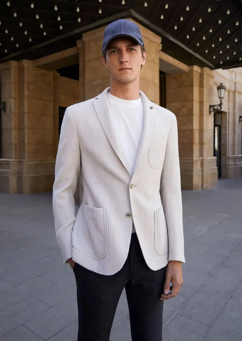 RAMSEY Ecru Striped Shirt Shoulder Slim Fit Wool Blended Jacket