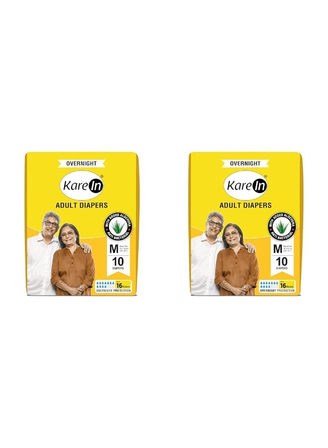 KareIn Overnight Adult Diapers, Medium, Waist Size 76-114 Cm (30-45), 10 Count, Tape Style, High Absorbency, Odour Free, With Aloe Vera Lotion, Anti-Bacterial, ADL, Leak Proof (Pack of 2)
