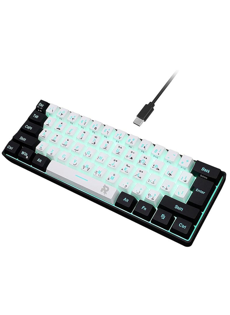 Rock Pow - ROCK POW Arabic English 60% Wired Gaming Keyboard RGB Backlit 61 keys Membrane Gaming Keyboard, Ultra-Compact Mini Waterproof Keyboard for PC Computer Gamer  Black White - Image 1