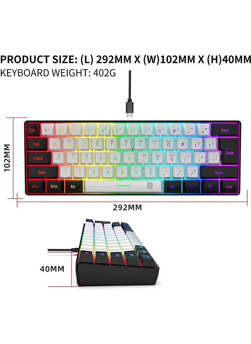 Rock Pow - ROCK POW Arabic English 60% Wired Gaming Keyboard RGB Backlit 61 keys Membrane Gaming Keyboard, Ultra-Compact Mini Waterproof Keyboard for PC Computer Gamer  Black White - Image 1