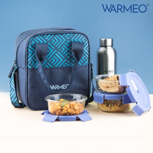 WARMEO BOROFRESH Set of 4 Borosilicate Glass Tiffin (3 Round Container,400ml Each + 1 Steel Bottle 750 ml)| Leakproof, Microwave & Dishwasher Safe Lunch Box with Bag for Office, College & School - Image 4