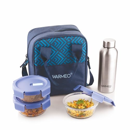 WARMEO BOROFRESH Set of 4 Borosilicate Glass Tiffin (3 Round Container,400ml Each + 1 Steel Bottle 750 ml)| Leakproof, Microwave & Dishwasher Safe Lunch Box with Bag for Office, College & School - Image 1