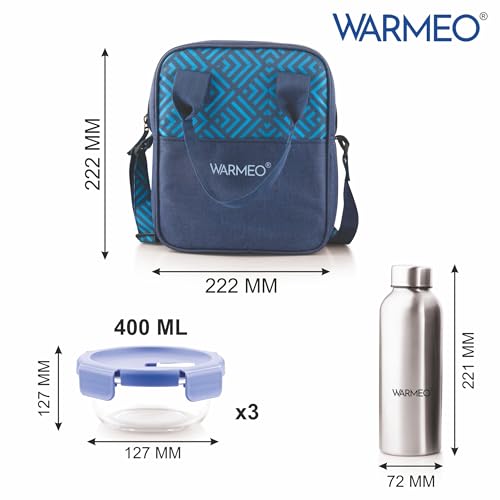 WARMEO BOROFRESH Set of 4 Borosilicate Glass Tiffin (3 Round Container,400ml Each + 1 Steel Bottle 750 ml)| Leakproof, Microwave & Dishwasher Safe Lunch Box with Bag for Office, College & School - Image 2