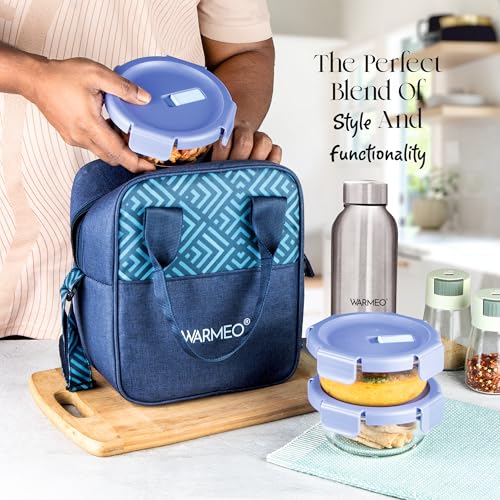 WARMEO BOROFRESH Set of 4 Borosilicate Glass Tiffin (3 Round Container,400ml Each + 1 Steel Bottle 750 ml)| Leakproof, Microwave & Dishwasher Safe Lunch Box with Bag for Office, College & School - Image 3