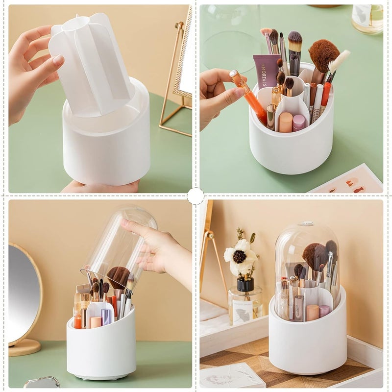 Stadash 360-Rotating Cosmetic Brush Storage Box for Vanity Home Office, Dressing Table Bathroom Cabinet Cosmetic Brush Organizer Makeup Brush Holder Stand with Lid (White - Image 3