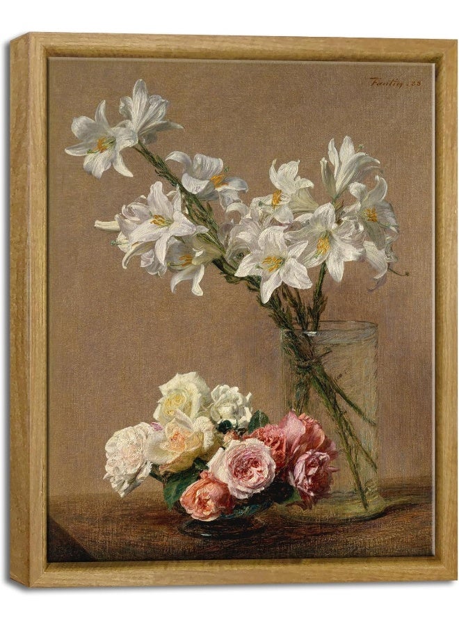 Pyradecor Vintage Wall Art Retro Natural Wood Framed Home Decor Roses and Lilies Canvas Prints Classical Floral Painting for Living Room Office Bedroom Farmhouse Kitchen Decorations AH1105-2025NW - Image 1