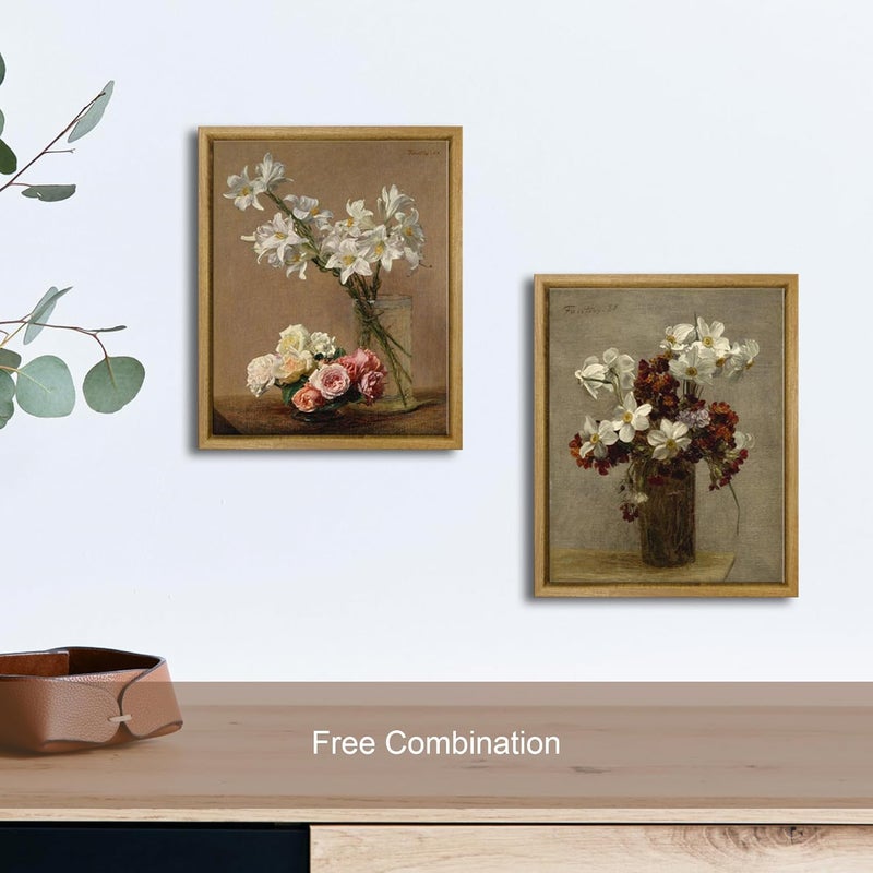 Pyradecor Vintage Wall Art Retro Natural Wood Framed Home Decor Roses and Lilies Canvas Prints Classical Floral Painting for Living Room Office Bedroom Farmhouse Kitchen Decorations AH1105-2025NW - Image 5