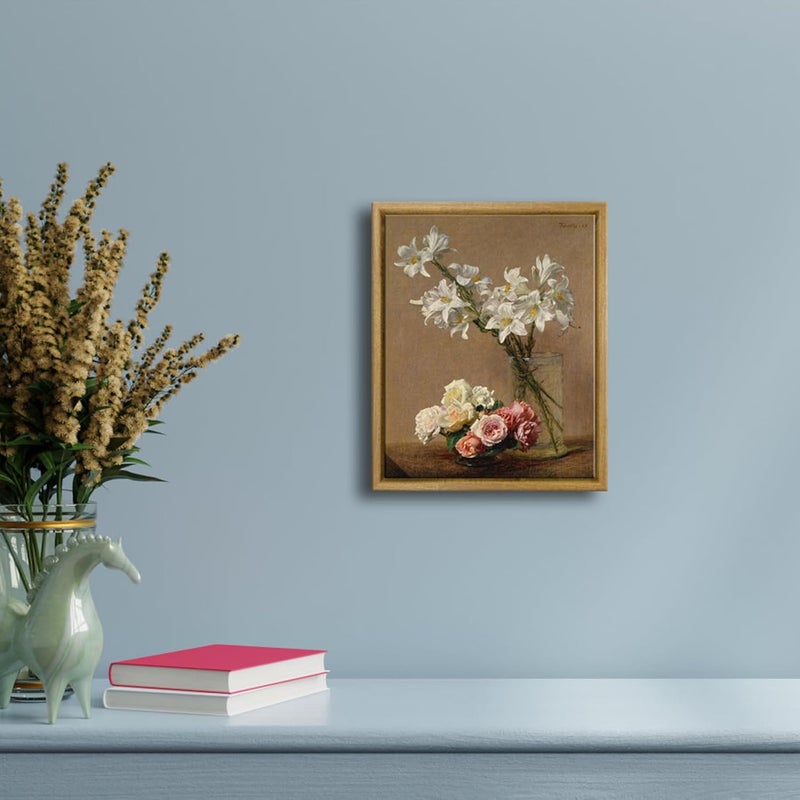 Pyradecor Vintage Wall Art Retro Natural Wood Framed Home Decor Roses and Lilies Canvas Prints Classical Floral Painting for Living Room Office Bedroom Farmhouse Kitchen Decorations AH1105-2025NW - Image 3