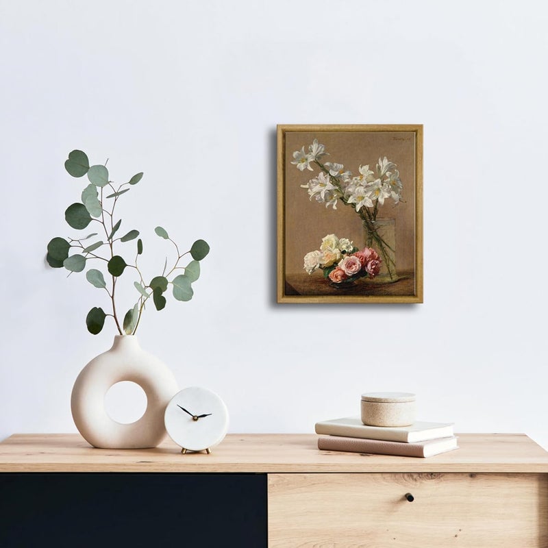 Pyradecor Vintage Wall Art Retro Natural Wood Framed Home Decor Roses and Lilies Canvas Prints Classical Floral Painting for Living Room Office Bedroom Farmhouse Kitchen Decorations AH1105-2025NW - Image 2