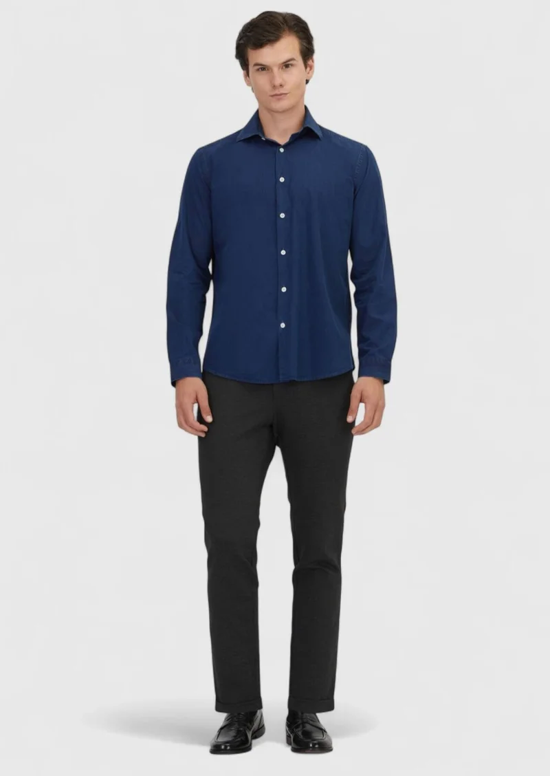 RAMSEY Indigo Plain Casual Fit Long Weaving Casual 100% Cotton Shirt