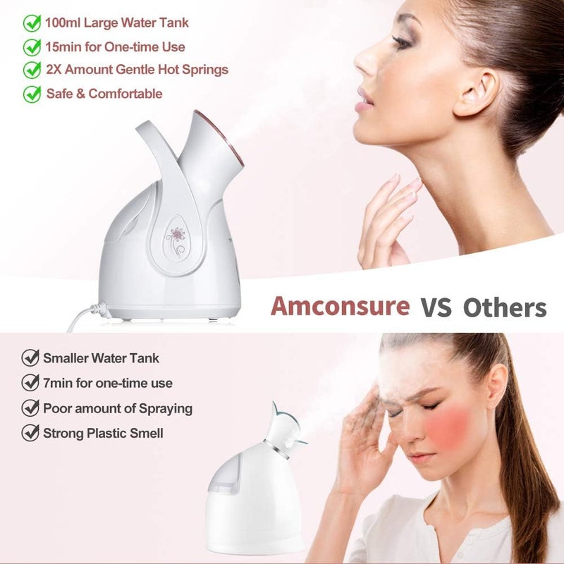 Amconsure Facial Steamer, Nano Ionic Face Steamer for Home, 100ML Warm Mist Humidifier for Women Moisturizing, Unclogs Pores-Bonus Stainless Steel Skin Kit and 2 Face Scrubbers - Image 5