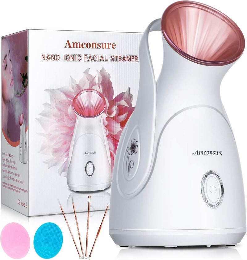 Amconsure Facial Steamer, Nano Ionic Face Steamer for Home, 100ML Warm Mist Humidifier for Women Moisturizing, Unclogs Pores-Bonus Stainless Steel Skin Kit and 2 Face Scrubbers - Image 1