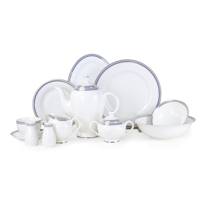 Shallow MIRA 47Pc Bone China Dinnerware Set, White with Blue & Gold Rim, Dinner Set with Plates, Bowls, Cups, Teapot for Everyday Dining, Family Meals & Hosting Perfect for 8 People - Image 1