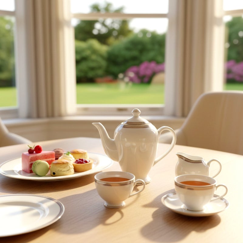 Shallow MIRA 47Pc Bone China Dinnerware Set, White with Blue & Gold Rim, Dinner Set with Plates, Bowls, Cups, Teapot for Everyday Dining, Family Meals & Hosting Perfect for 8 People - Image 3