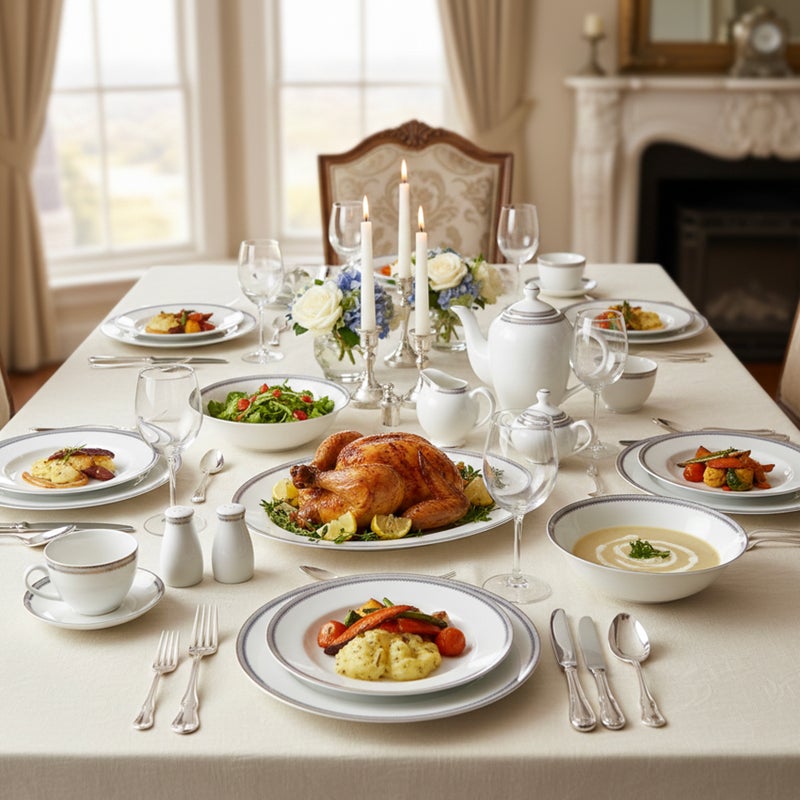 Shallow MIRA 47Pc Bone China Dinnerware Set, White with Blue & Gold Rim, Dinner Set with Plates, Bowls, Cups, Teapot for Everyday Dining, Family Meals & Hosting Perfect for 8 People - Image 4