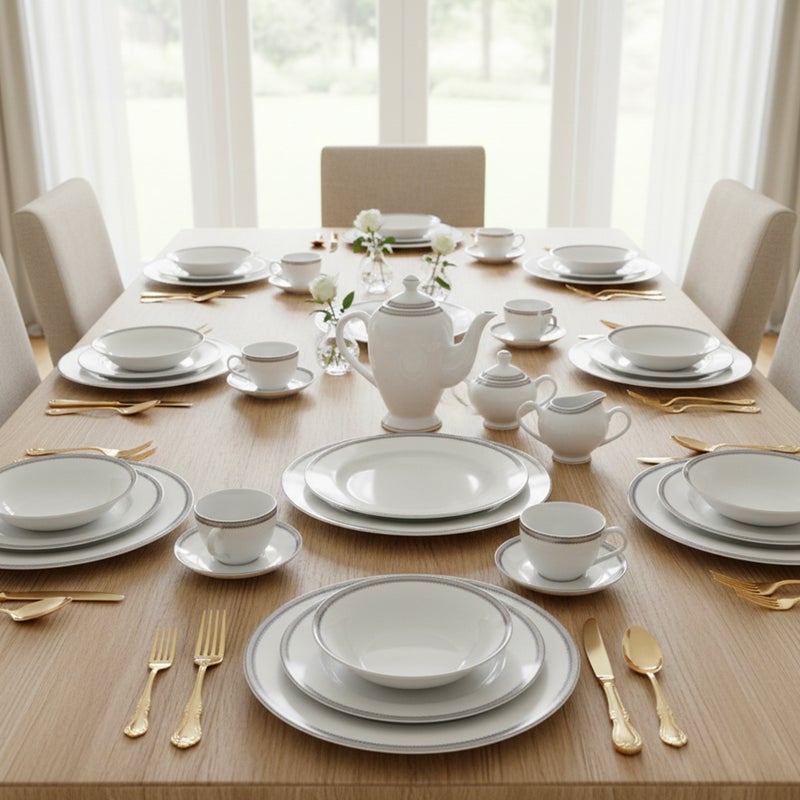 Shallow MIRA 47Pc Bone China Dinnerware Set, White with Blue & Gold Rim, Dinner Set with Plates, Bowls, Cups, Teapot for Everyday Dining, Family Meals & Hosting Perfect for 8 People - Image 2