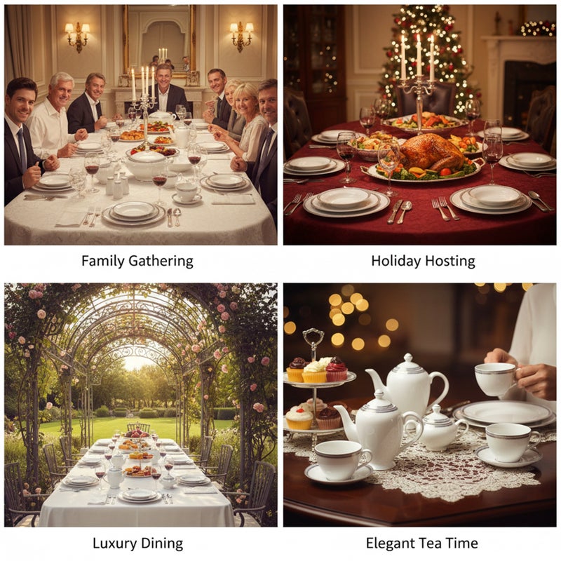 Shallow MIRA 47Pc Bone China Dinnerware Set, White with Blue & Gold Rim, Dinner Set with Plates, Bowls, Cups, Teapot for Everyday Dining, Family Meals & Hosting Perfect for 8 People - Image 5