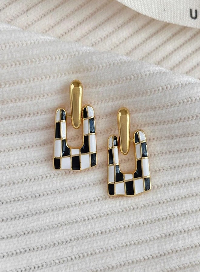 MIFYNN Checkered Earrings for Women Black and White Checkered Dangle Earrings Geometric Square U-shaped Checkered Earrings Vintage Dainty Birthday Jewelry for Women (A) - Image 4