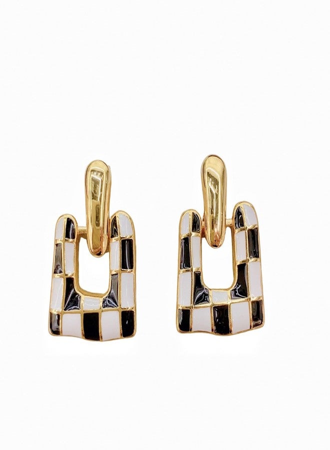 MIFYNN Checkered Earrings for Women Black and White Checkered Dangle Earrings Geometric Square U-shaped Checkered Earrings Vintage Dainty Birthday Jewelry for Women (A) - Image 1