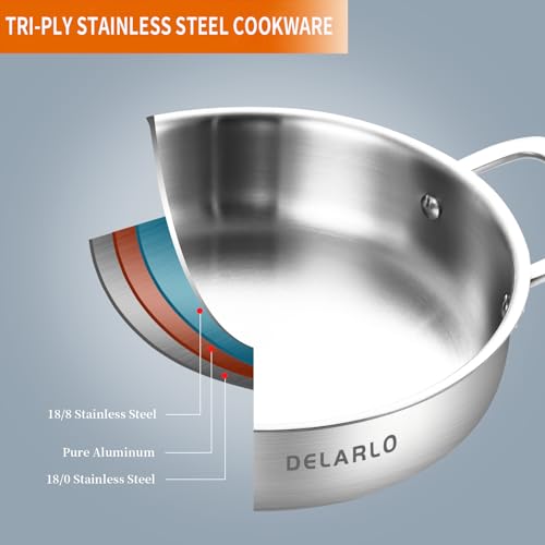 DELARLO Tri-Ply Stainless Steel 10 Inch Frying Pan 3QT Saute Pan With Lid Kitchen Skillets Induction Compatible Chef Cooking Pan Dishwasher & Oven Safe - Image 2