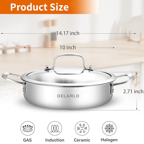 DELARLO Tri-Ply Stainless Steel 10 Inch Frying Pan 3QT Saute Pan With Lid Kitchen Skillets Induction Compatible Chef Cooking Pan Dishwasher & Oven Safe - Image 3