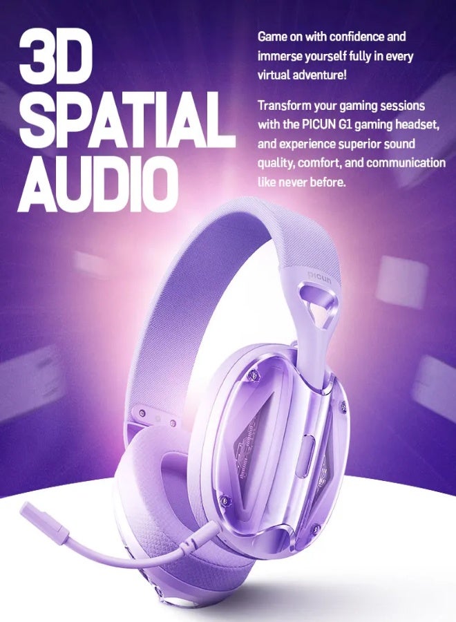 Picun G1 Wireless Gaming Headset 2.4GHz & Bluetooth 5.4 with 3D Spatial Audio, ENC Mic, 30H Battery, Lightweight Over-Ear Headphones for PS5, PC, Phone, Switch - Purple - Image 3