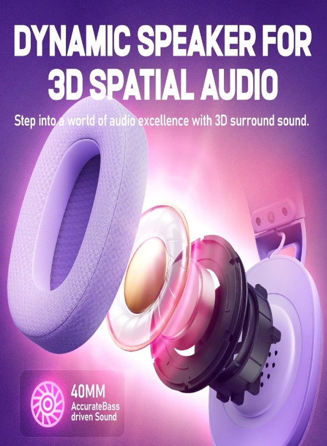 Picun G1 Wireless Gaming Headset 2.4GHz & Bluetooth 5.4 with 3D Spatial Audio, ENC Mic, 30H Battery, Lightweight Over-Ear Headphones for PS5, PC, Phone, Switch - Purple - Image 4