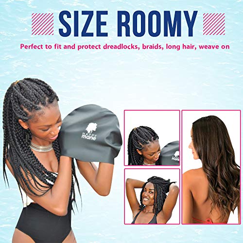 Happy Mane Silicone Swim Cap for Braids and Dreadlocks - Keeps Your Hair Dry While Swimming and Bathing Long Hair, Extensions, and Curly Hair - Large Shower Cap for Women, Men, Kids (Black, Small) - Image 4