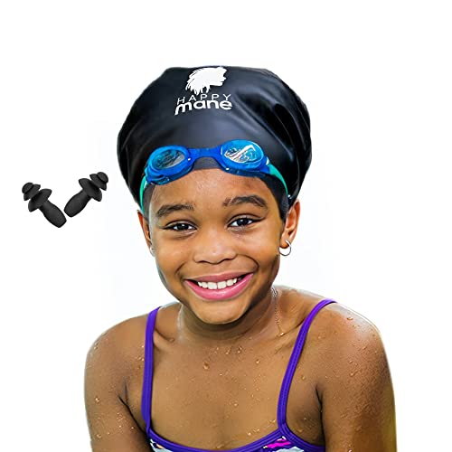 Happy Mane Silicone Swim Cap for Braids and Dreadlocks - Keeps Your Hair Dry While Swimming and Bathing Long Hair, Extensions, and Curly Hair - Large Shower Cap for Women, Men, Kids (Black, Small) - Image 1