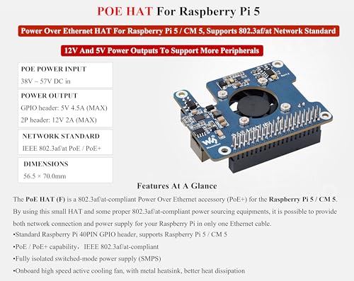 Waveshare Power Over Ethernet HAT PoE HAT with Metal Heatsink for Raspberry Pi 5, Onboard Cooling Fan, Supports 802.3af/at Network, 12V and 5V Power Outputs Easy for More Peripherals - Image 2