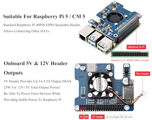 Waveshare Power Over Ethernet HAT PoE HAT with Metal Heatsink for Raspberry Pi 5, Onboard Cooling Fan, Supports 802.3af/at Network, 12V and 5V Power Outputs Easy for More Peripherals - Image 3
