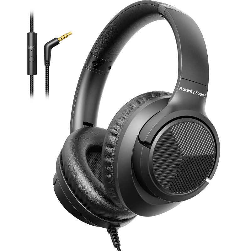 Botesty Sound Headphones Wired with Microphone, Over Ear Foldable 3.5mm Plug in Headphones with 4.9ft Tangle-Free Nylon Cord for Tablet, Laptop, MP3/4, School, Airplane Travel (Black) - Image 1
