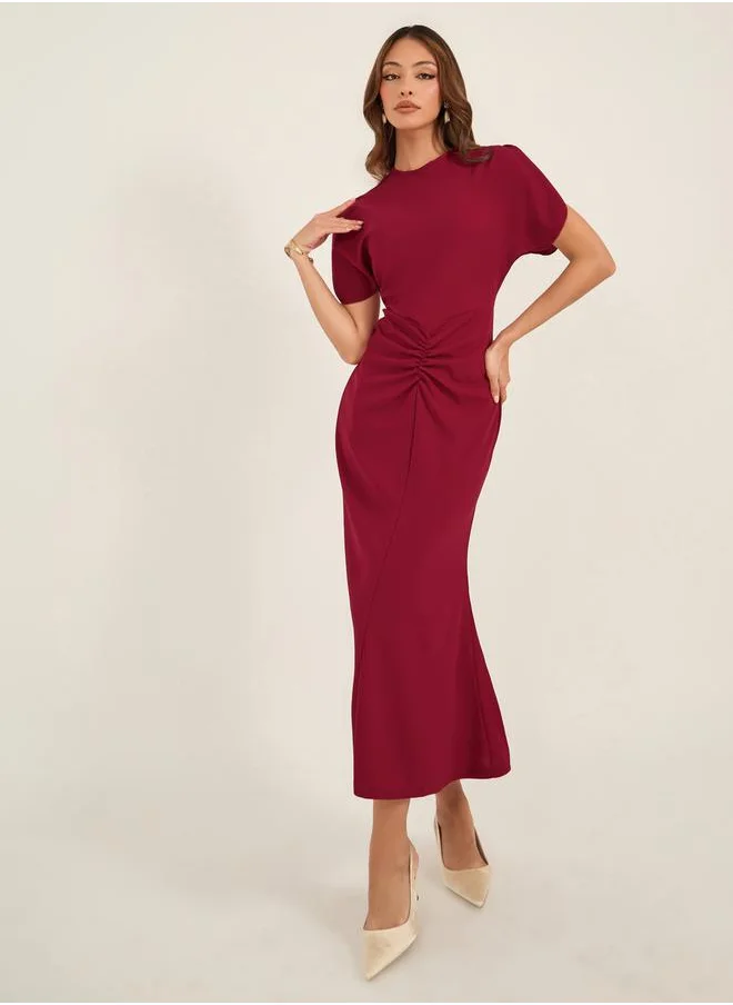 Take Two Round Neck Bodycon Mermaid Hem Midi Dress with Ruched Detail by Styli