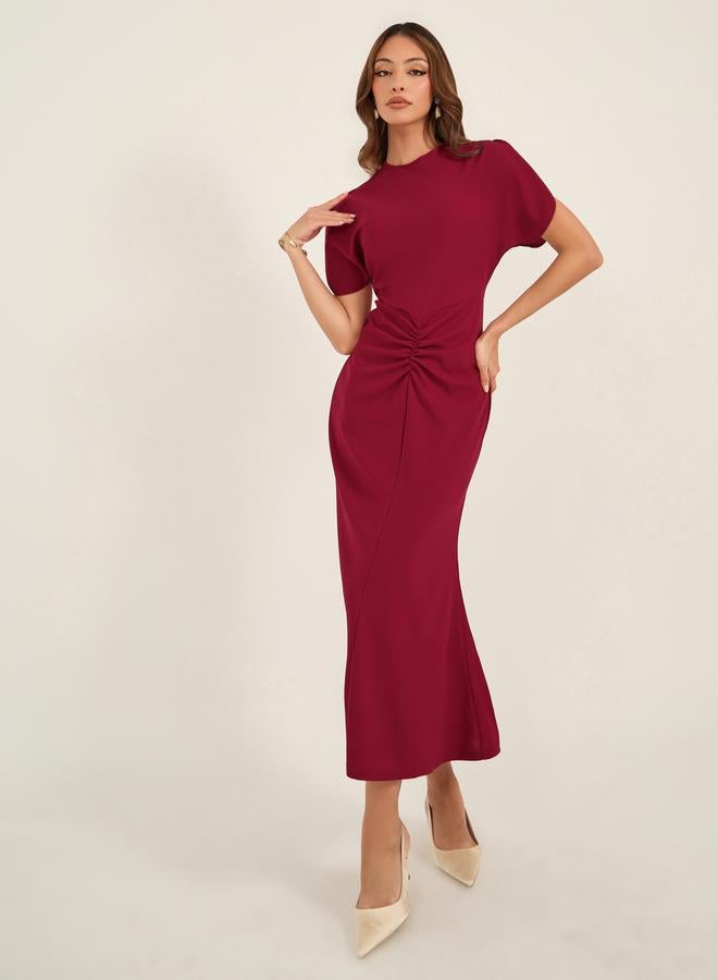Take Two Burgundy Ruched Midi Dress  - Image 1