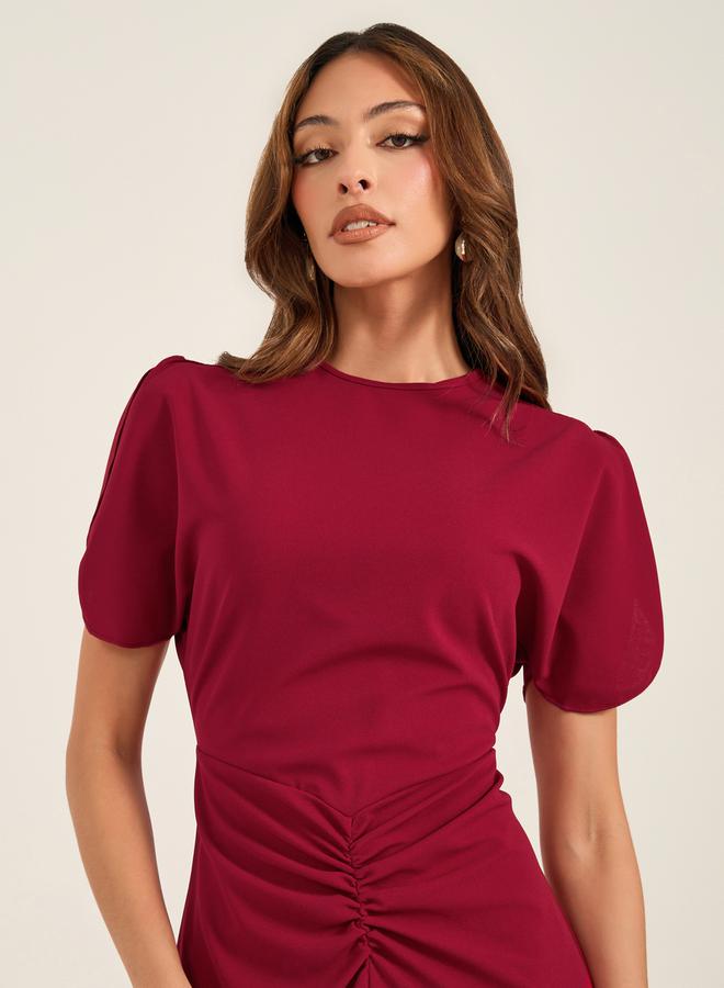 Take Two Burgundy Ruched Midi Dress  - Image 4