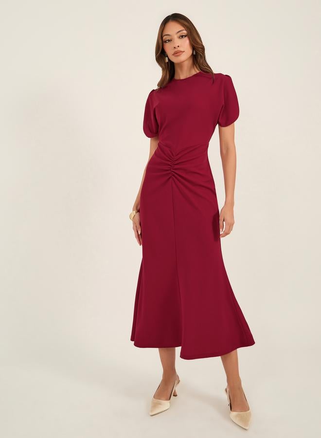 Take Two Burgundy Ruched Midi Dress  - Image 2