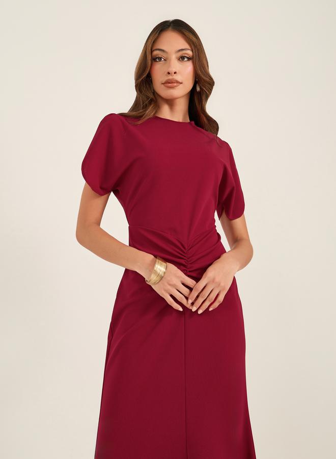 Take Two Burgundy Ruched Midi Dress  - Image 3