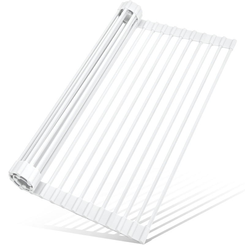 MERRYBOX Roll Up Dish Drying Rack Silicone Wrapped Over The Sink Dish Rack Foldable Dish Drainer AntiSlip Dish Racks for Kitchen Counter Multipurpose Kitchen Sink Drying Rack 205 x 13 White