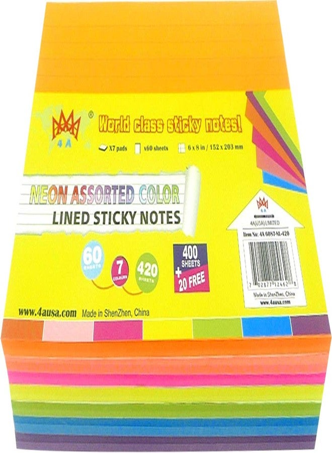 4A Sticky Notes,6 x 8 Inches,Large Size,7 Different Neon Colors,Lined,Self-Stick Notes,60 Sheets/Pad,7 Pads/Pack,4A 6087-NL-420 - Image 2