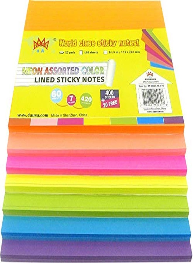 4A Sticky Notes,6 x 8 Inches,Large Size,7 Different Neon Colors,Lined,Self-Stick Notes,60 Sheets/Pad,7 Pads/Pack,4A 6087-NL-420 - Image 4