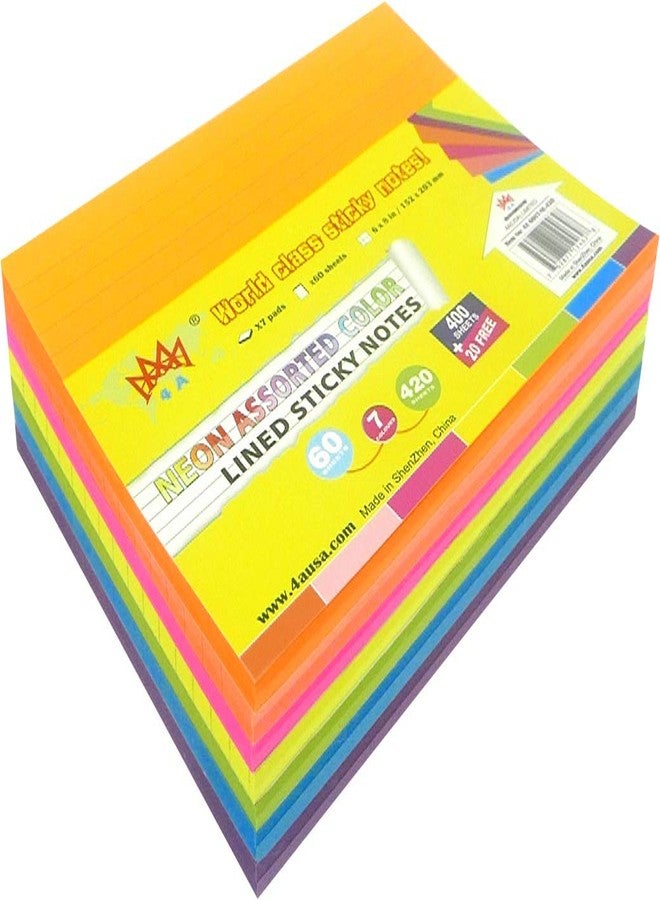 4A Sticky Notes,6 x 8 Inches,Large Size,7 Different Neon Colors,Lined,Self-Stick Notes,60 Sheets/Pad,7 Pads/Pack,4A 6087-NL-420 - Image 1