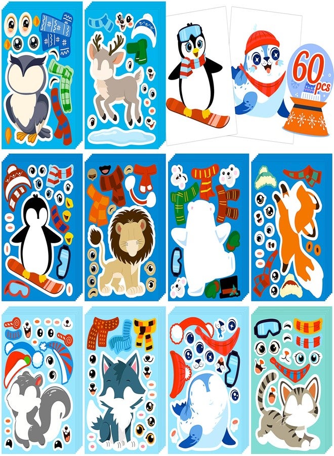 Moon Boat 60Sheets Winter Animal Stickers Crafts Bulk, Christmas Make- A- Penguin/Fox/Owl/Reindeer Face Sticker Holiday Gifts Goodie Bag Stuffer Activity Games Party Favors(Small Size) - Image 1