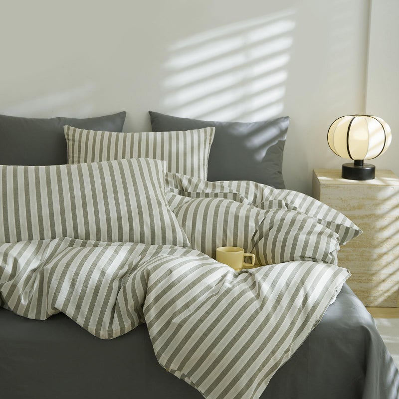LifeTB Grey Striped Duvet Cover Set King, 100% Washed Cotton White Grey Stripes Pattern Printed Comforter Cover, 3 Pieces Farmhouse Striped Bedding Set Breathable Duvet Cover with Zipper Ties - Image 1