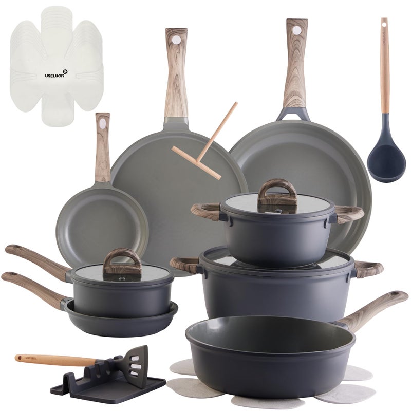 USELUCK 22Pcs Pots and Pans Set Non Stick Non-Toxic Ceramic Cookware Sets Nonstick Kitchen Pot and Pan Set With Lid Gray Granite Induction Compatible with Glass Lids 10" Griddles Frying Pan PFOA/PFOS-Free - Image 1