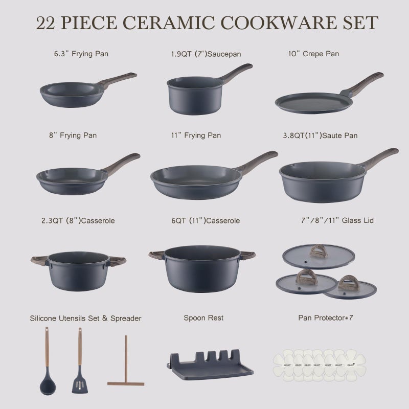 USELUCK 22Pcs Pots and Pans Set Non Stick Non-Toxic Ceramic Cookware Sets Nonstick Kitchen Pot and Pan Set With Lid Gray Granite Induction Compatible with Glass Lids 10" Griddles Frying Pan PFOA/PFOS-Free - Image 2