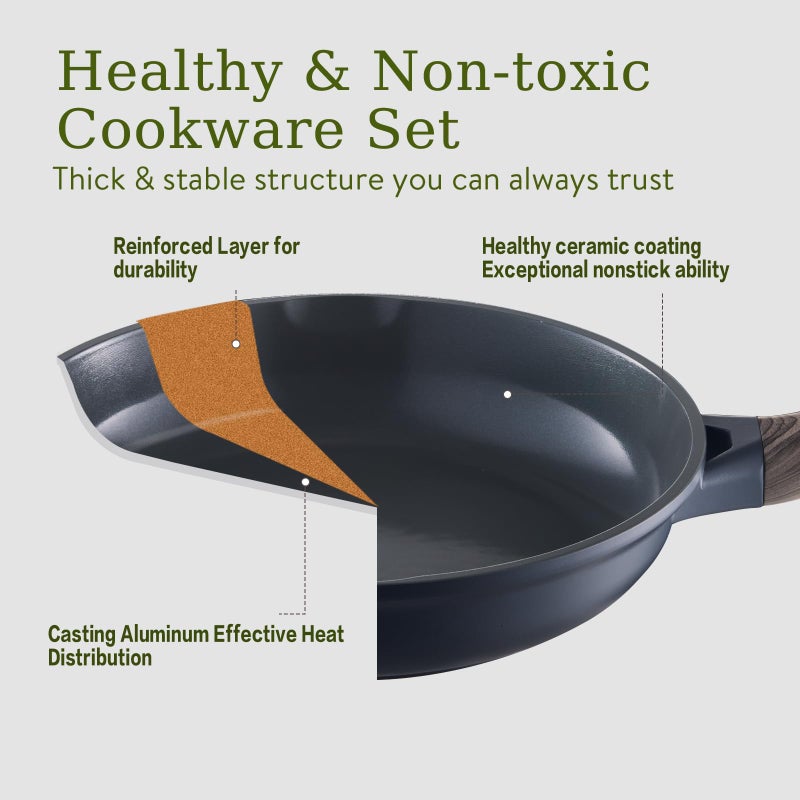 USELUCK 22Pcs Pots and Pans Set Non Stick Non-Toxic Ceramic Cookware Sets Nonstick Kitchen Pot and Pan Set With Lid Gray Granite Induction Compatible with Glass Lids 10" Griddles Frying Pan PFOA/PFOS-Free - Image 3
