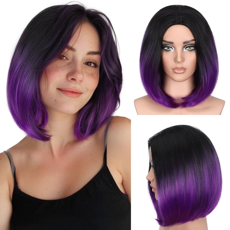 HANNE Ombre Purple Bob Wig Short Straight Bob Wig Heat Resistant Synthetic Hair Wigs for Black Women Black to Purple