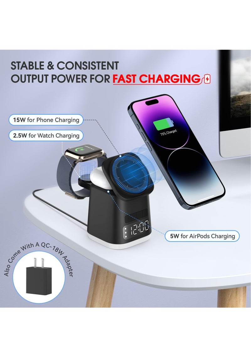 Excefore 3 in 1 Charging Station with Night Light and Alarm Clock  Iphone Iwatch Airpod Wireless Charging Dock Travel Charger Combo For IPhone 15/14/13/12 Pro/Max/Plus AirPods Watch - Image 3