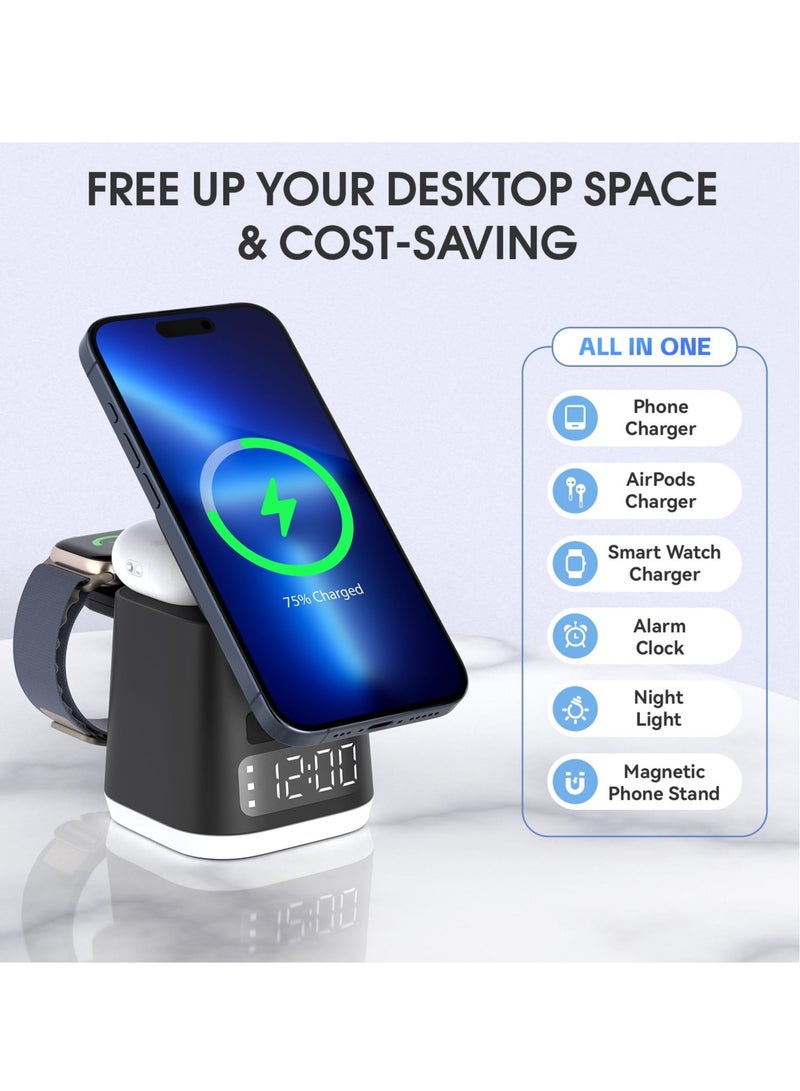 Excefore 3 in 1 Charging Station with Night Light and Alarm Clock  Iphone Iwatch Airpod Wireless Charging Dock Travel Charger Combo For IPhone 15/14/13/12 Pro/Max/Plus AirPods Watch - Image 2